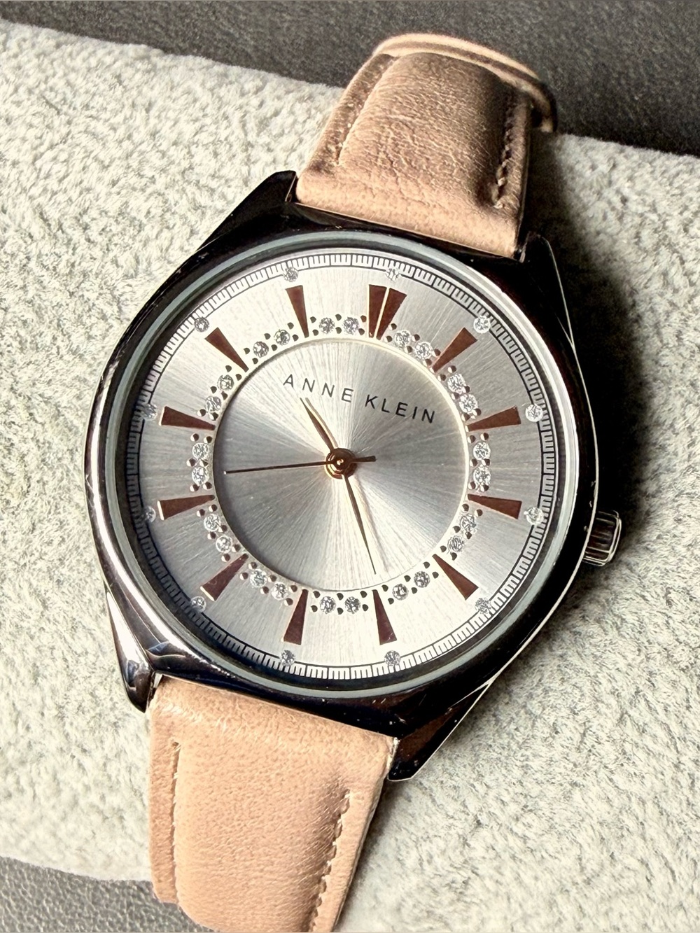 Anne Klein Silver Dial Watch with Blush Strap and Crystal Accents
